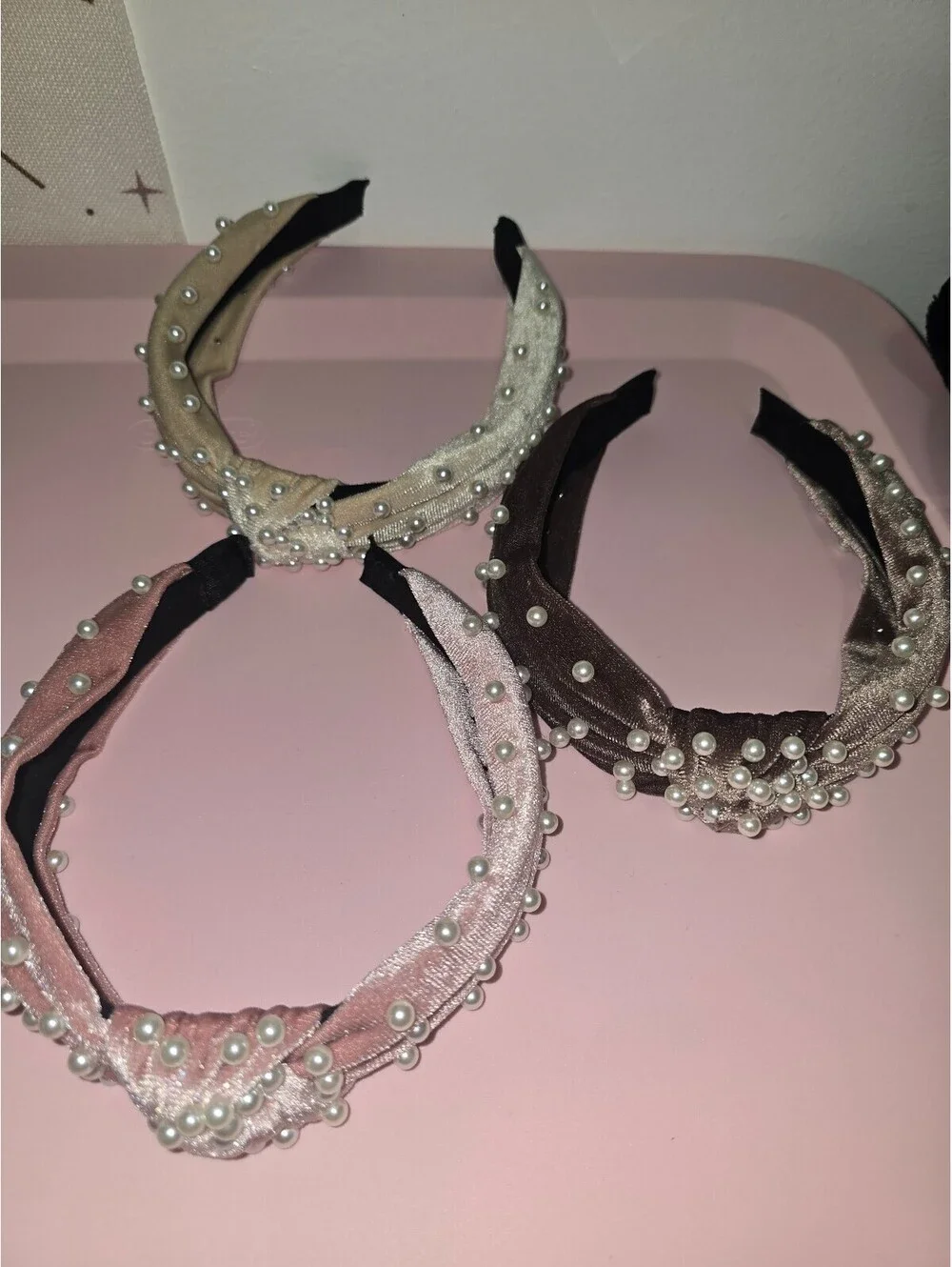Set of 3 Velvet Pearl Embellished Headbands in Pink, Beige,